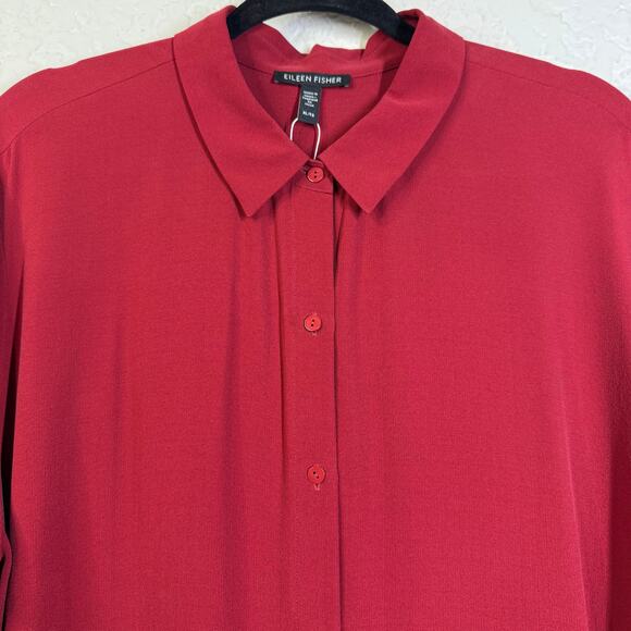 EILEEN FISHER Blouse XL Georgette Crepe Classic Collard Button Down Silk Career - Picture 5 of 12
